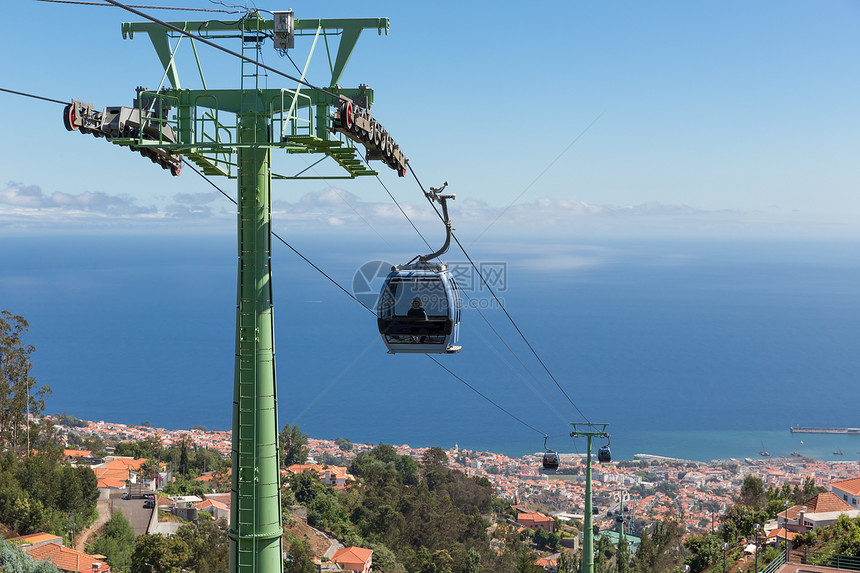 在葡萄牙马德拉岛Funchal的Monte有线汽车载在该市的空中航向图片
