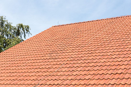 荷兰农舍和蓝天的红瓷砖屋顶图片
