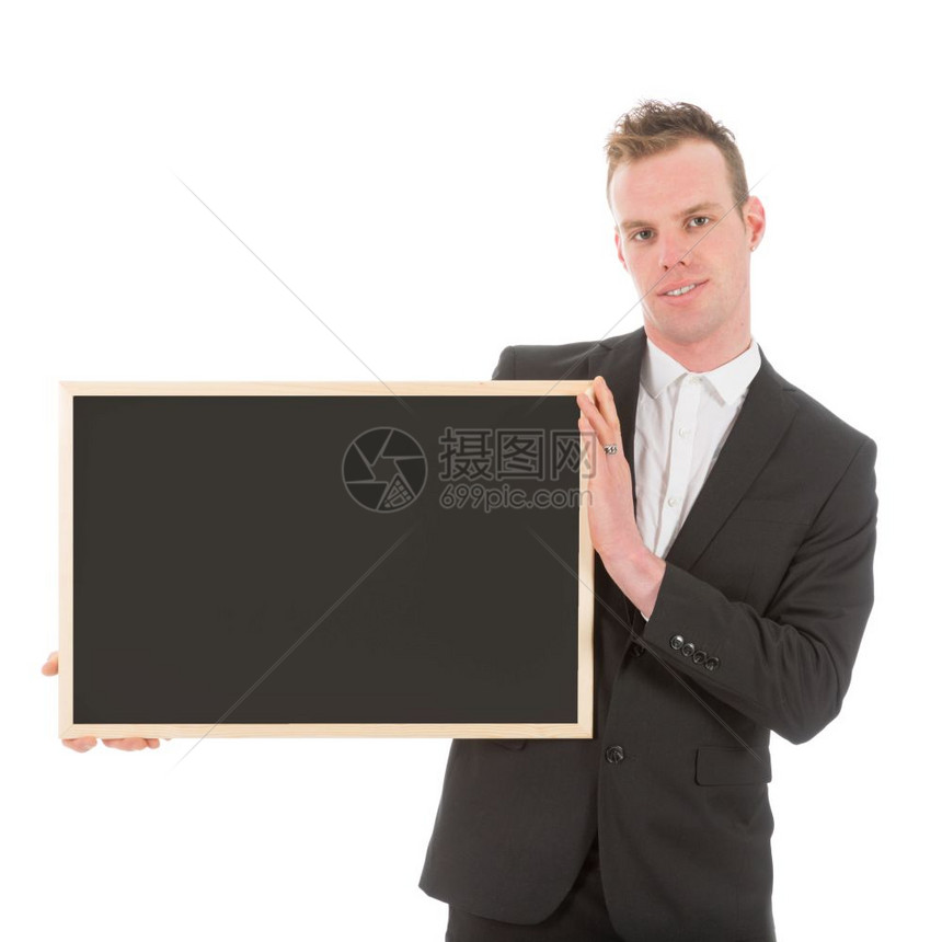 商人把空的黑板放在身体旁边孤立在白色的板上图片
