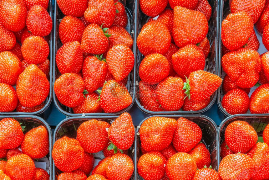 新鲜草莓装在盒子里准备荷兰可兑换市场出售图片