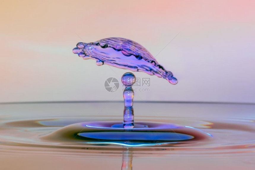 高速度水滴照片以橙色粉和紫相撞图片