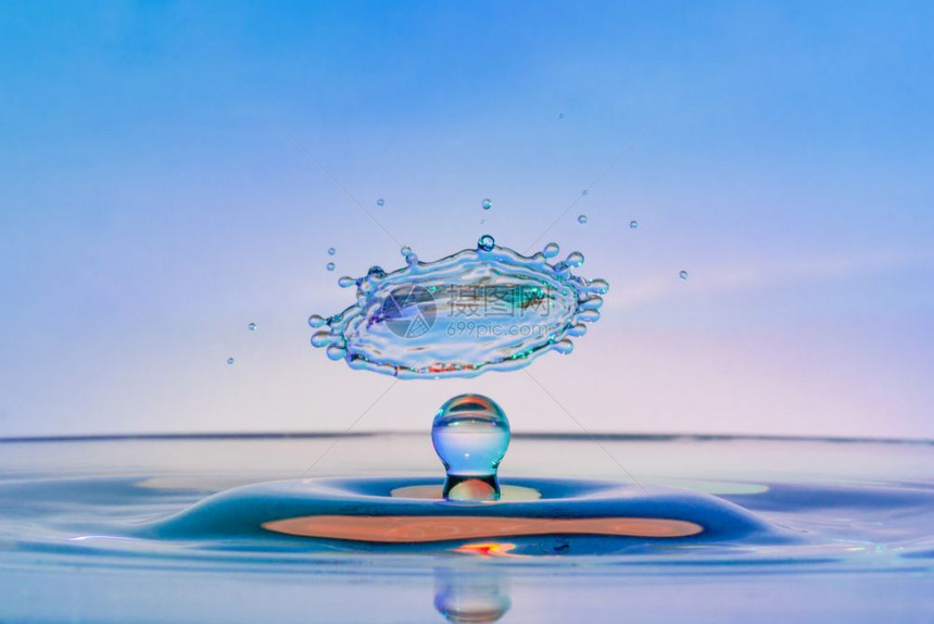 高速度水滴照片与相撞的蓝色粉和紫相交滴图片
