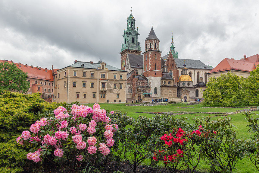 在波兰克拉科夫Krakow雨天与中世纪建筑在Wavel广场与中世纪建筑在广场的景象图片