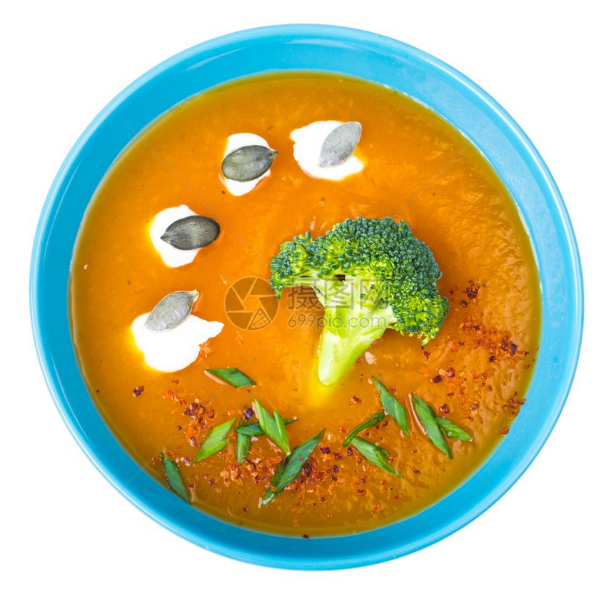 正确和健康的饮食配西兰花的南瓜汤制片人照图片