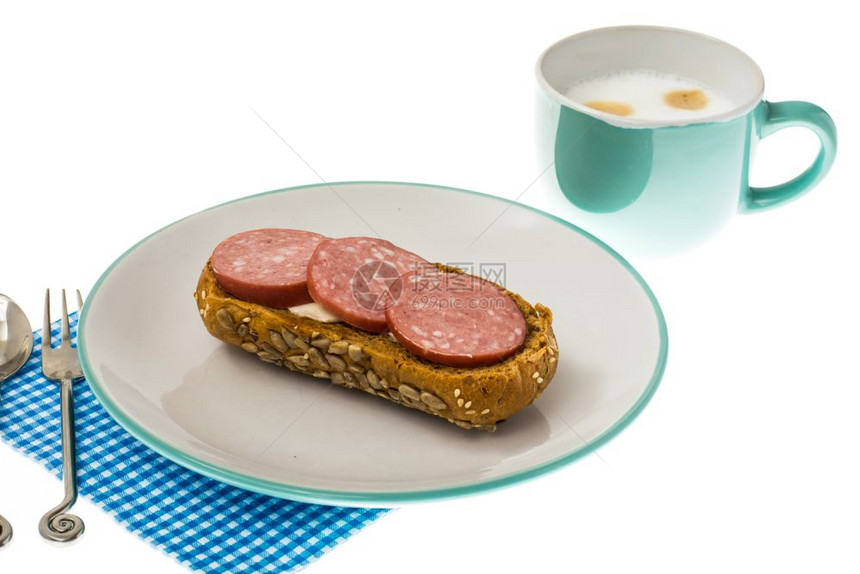 Cappuccino蓝杯和三明治早餐奇诺图片