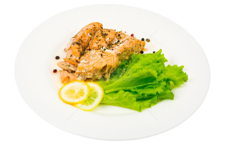 鲑鱼蒸汽柠檬绿色沙拉工作室照片饮食和健康图片