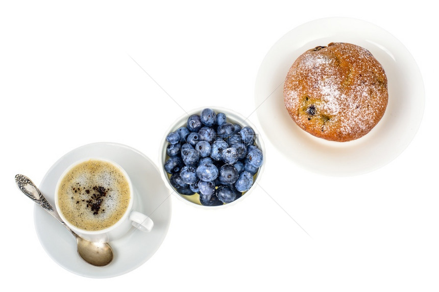 夏季早餐配有蓝莓的松饼和咖啡图片