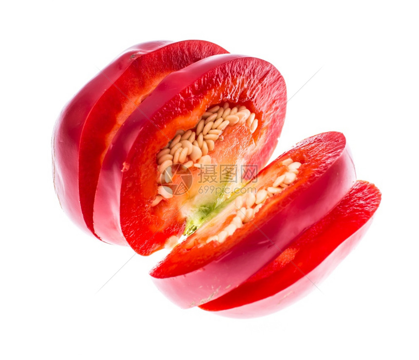 红色甜切胡椒圆在白色背景上隔离图片