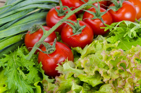 蔬菜背景生番茄和绿洋葱工作室照片蔬菜背景番茄和绿洋葱图片