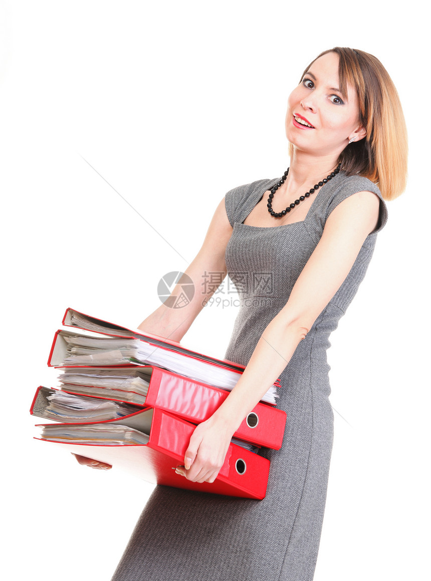 拥有大量文件孤立白红夹的妇女过度劳动的商人图片