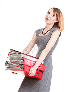 拥有大量文件孤立白红夹的妇女过度劳动的商人高清图片