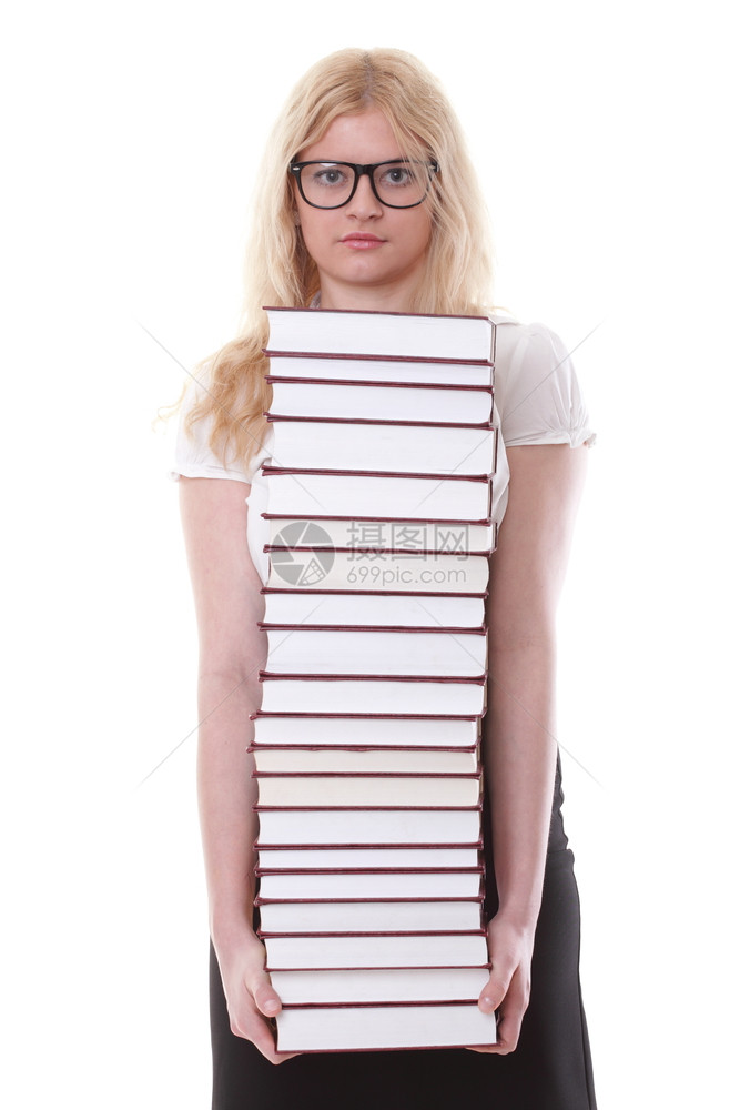 拥有女童书的孩拥有白色背景孤立书籍的美丽年轻女子图片