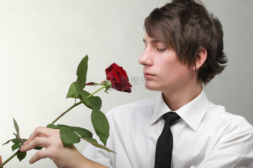 一个年轻人的灰色背景肖像爱与玫瑰图片