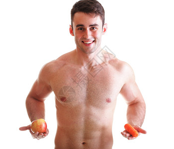 苹果胡萝卜饮食男人伟大的身体孤立在白色上图片