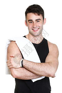 健康青年男子用白色背景隔离的毛巾图片