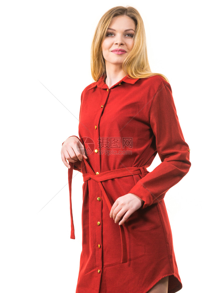 时装的漂亮美女穿着优雅的红色短裙穿着时髦的服装图片