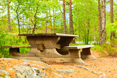 野餐地点挪威森林公园的木桌和长凳欧洲挪威公园带野餐桌的营地图片