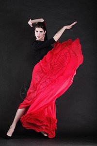 黑人背景的有吸引力西班牙舞女年轻子跳舞的佛朗明哥背景