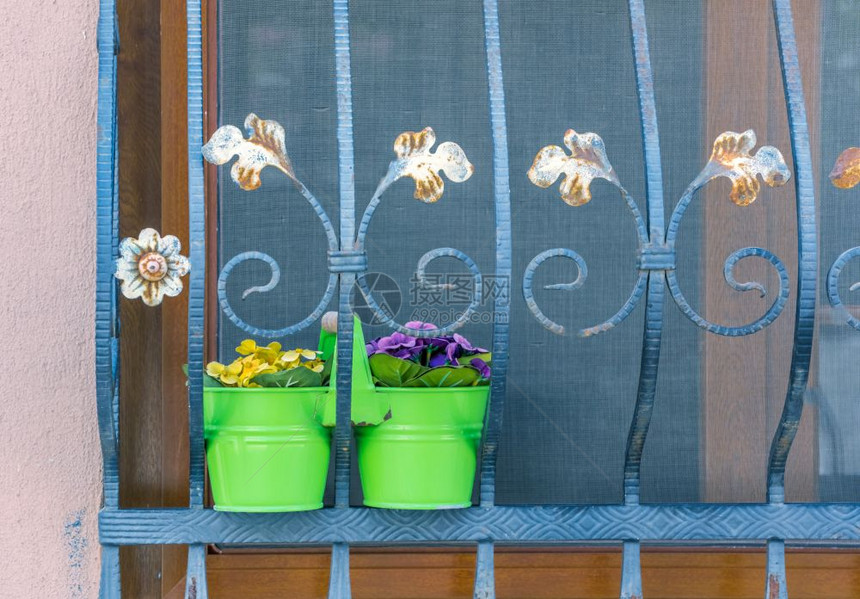 在土耳其博德鲁姆的窗户上摆放着绿色花盆图片