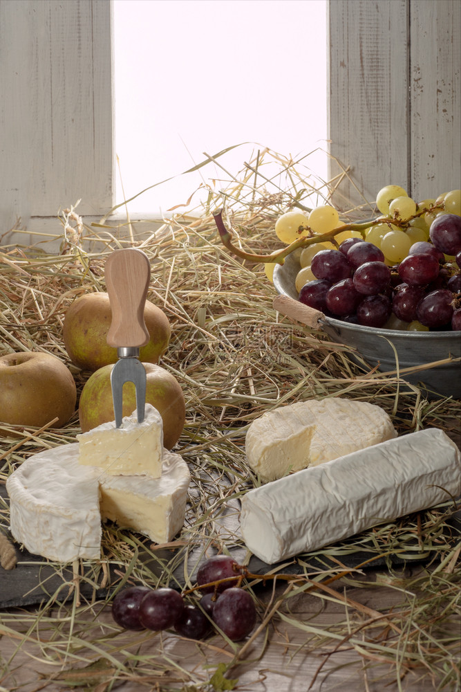 不同的法国奶酪在稻草上法国图片