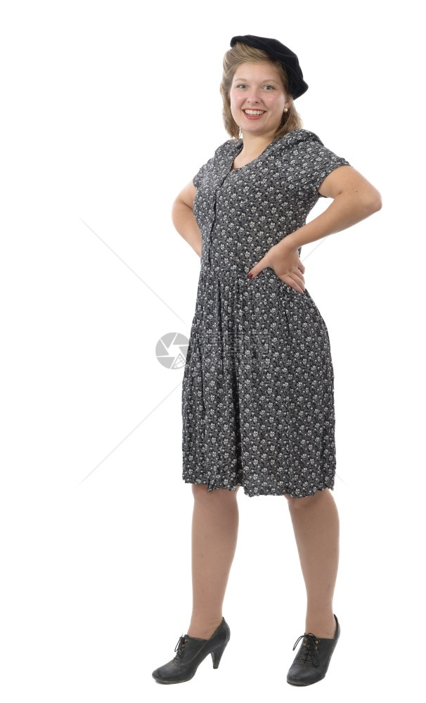 穿着1940年服装的轻美女白背景孤立于世图片