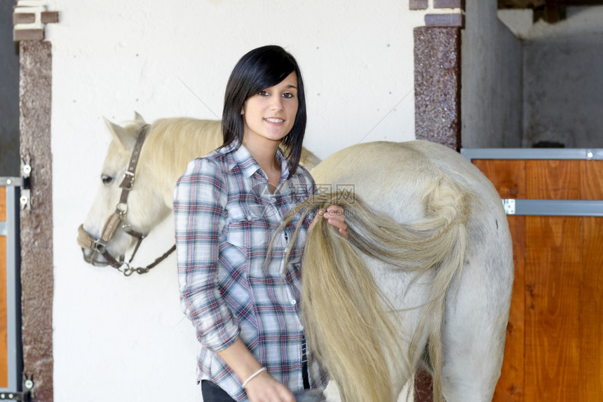 美丽的年轻黑发女孩和马的白图片