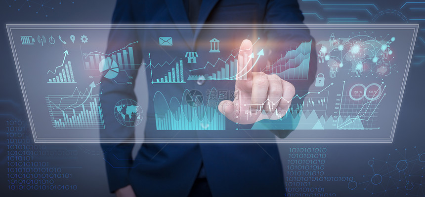 商人正在摸金融增长图分析虚拟屏幕业务计划和战略概念的商业数据图片