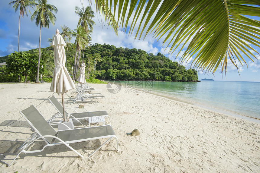 热带海滩绿化和白色沙滩的休息椅风景美丽图片