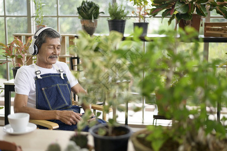 快乐的亚洲退休老人在家里听音乐和享受休闲活动图片