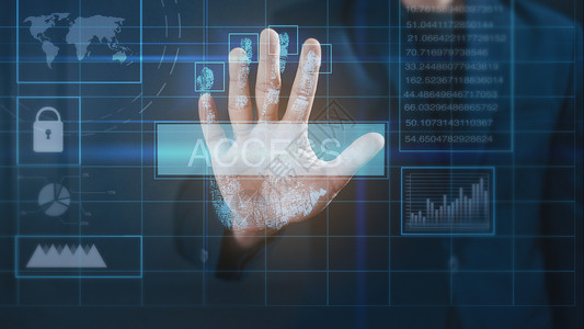 手指纹近身商人的手正在触摸界面计算机监视器指纹生物鉴别身份和批准背景