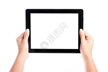 手持平板电脑的女用手握平板电脑有孤立的屏幕和背景图片