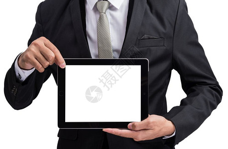 Yong商人持有数字平板电脑显示白色背景的屏幕显示图片