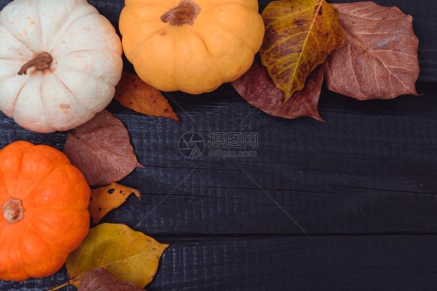 Pumpkins和干叶的顶端视图和深木背景的干叶并有供使用的复制空间感恩节和秋季概念图片