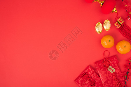 新一年的节日概念平坦的景象新年快乐红包与金币CharacterFU图片