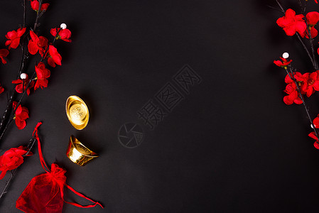 中华新年平面顶楼金条彩色花复制文字版面的新年背景图片