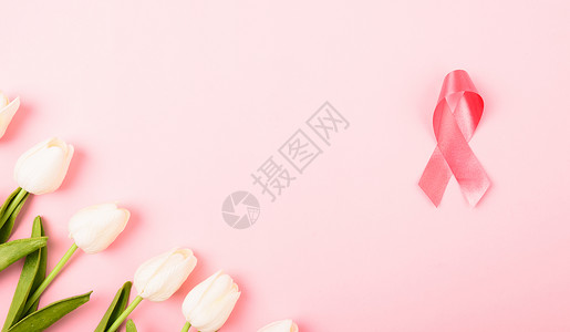 空间素材有病乳癌月概念平面顶楼粉红丝带和图利普花粉红背景复制文本空间背景