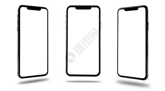 关闭现代数字黑智能手机模拟型空白屏幕3个位置和侧面在白色背景上隔离无剪切路径背景图片