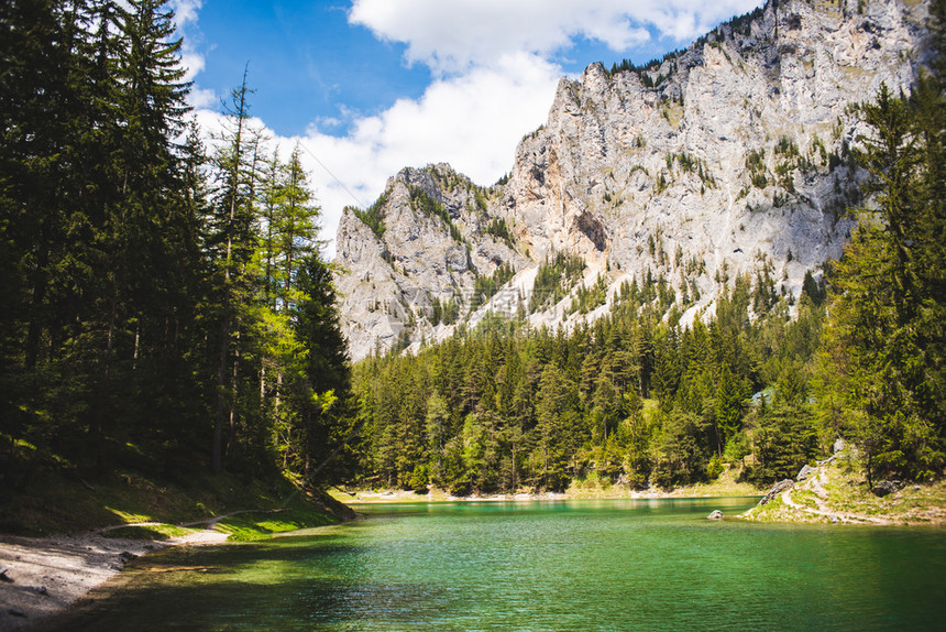 阿尔卑斯山湖景观称为绿GrunerSee访问旅游目的地方奥利施蒂里亚的Sunny夏季日奥地利施蒂里亚的绿湖景观奥地利施蒂里亚的G图片