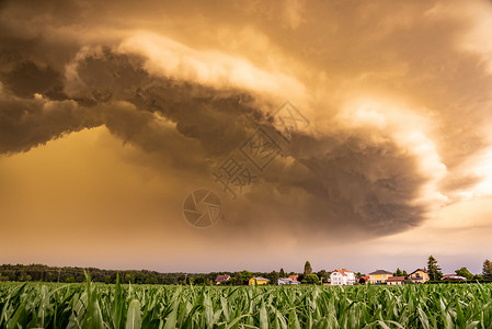 暴雨来了一片可怕的黑暗雷暴全景接近小村庄流过玉米田恐怖的黑暗雷暴全景逼近了背景