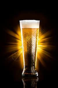 一杯冷的金色啤酒背景是黑色的一杯黑底啤酒图片