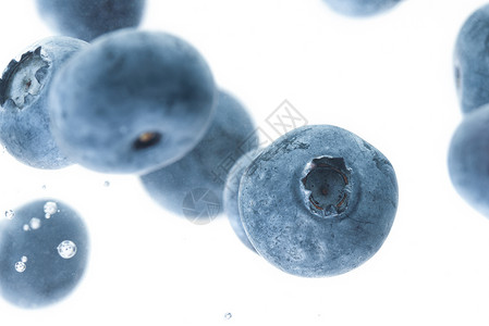 关闭蓝莓水下面在白色背景上沉没抗氧化剂概念在白色背景上沉淀图片