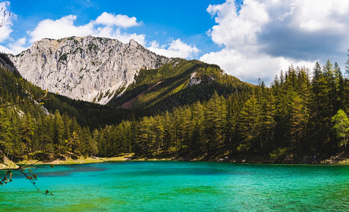 奥利匹克日阿尔卑斯山湖全景称为绿GrunerSee访问旅游目的地方奥利施蒂里亚的Sunny夏季日奥地利施蒂里亚绿湖全景访问旅游目的地Gru背景