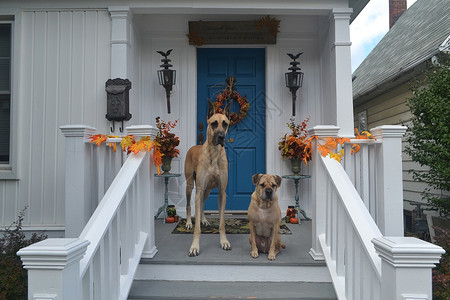 两只纯种狗站在前门等待主人长途跋涉背景图片