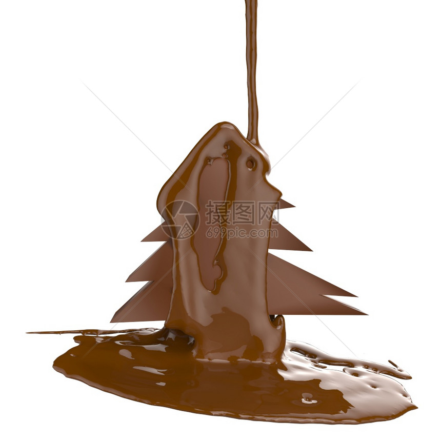 白色背景的圣诞树上流着巧克力可图片