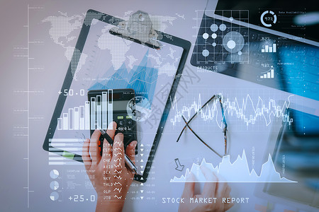 投资公司分析股票市场报告和金融跟踪仪表板与商业情报BI和主要业绩指标KPI相结合背景图片