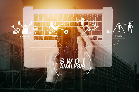 SWOT分析虚拟图带有公司的力量弱点威胁和机会使用智能手机和笔记本电脑的商业手设计图片