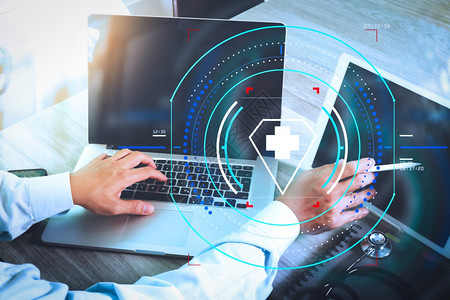 医疗生用现代数字平板电脑和手提用智能话作为医疗网络概念图片
