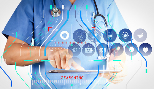 医学生使用现代平板电脑和虚拟接口作为医疗概念图片