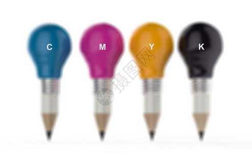作为创意设计概念的cmyk颜色的铅笔灯泡头图片