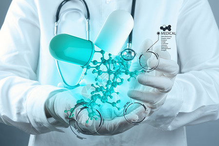 医生手将实验室虚拟分子结构作为医学概念图片